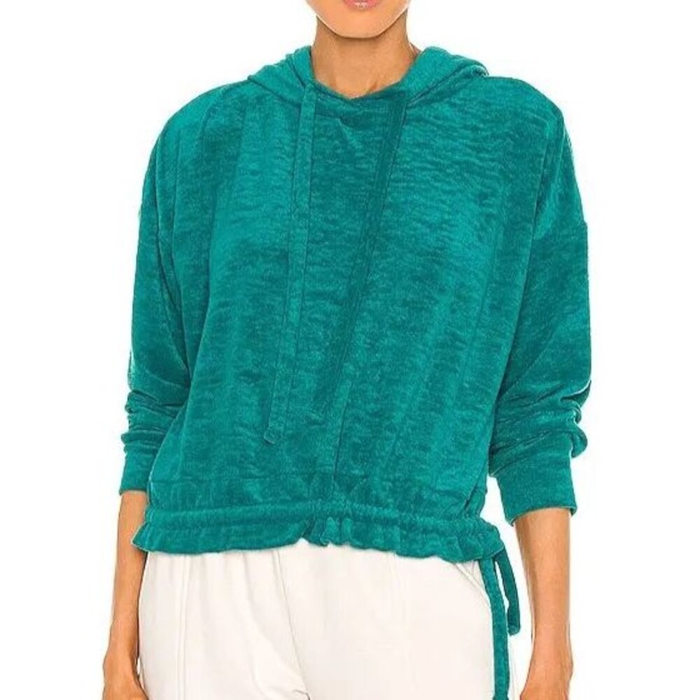 BLANKNYC Women's Terry Cropped Hoodie Ruched Waist w/Tie Long Sleeve Size S Teal